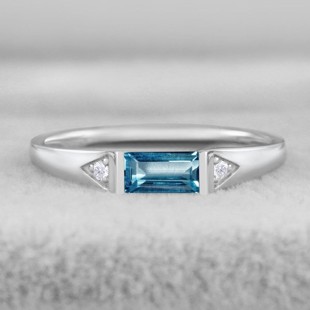 Topgemco Baguette London Blue Topaz East-West Ring – Sterling Silver December Birthstone Stacking Ring
