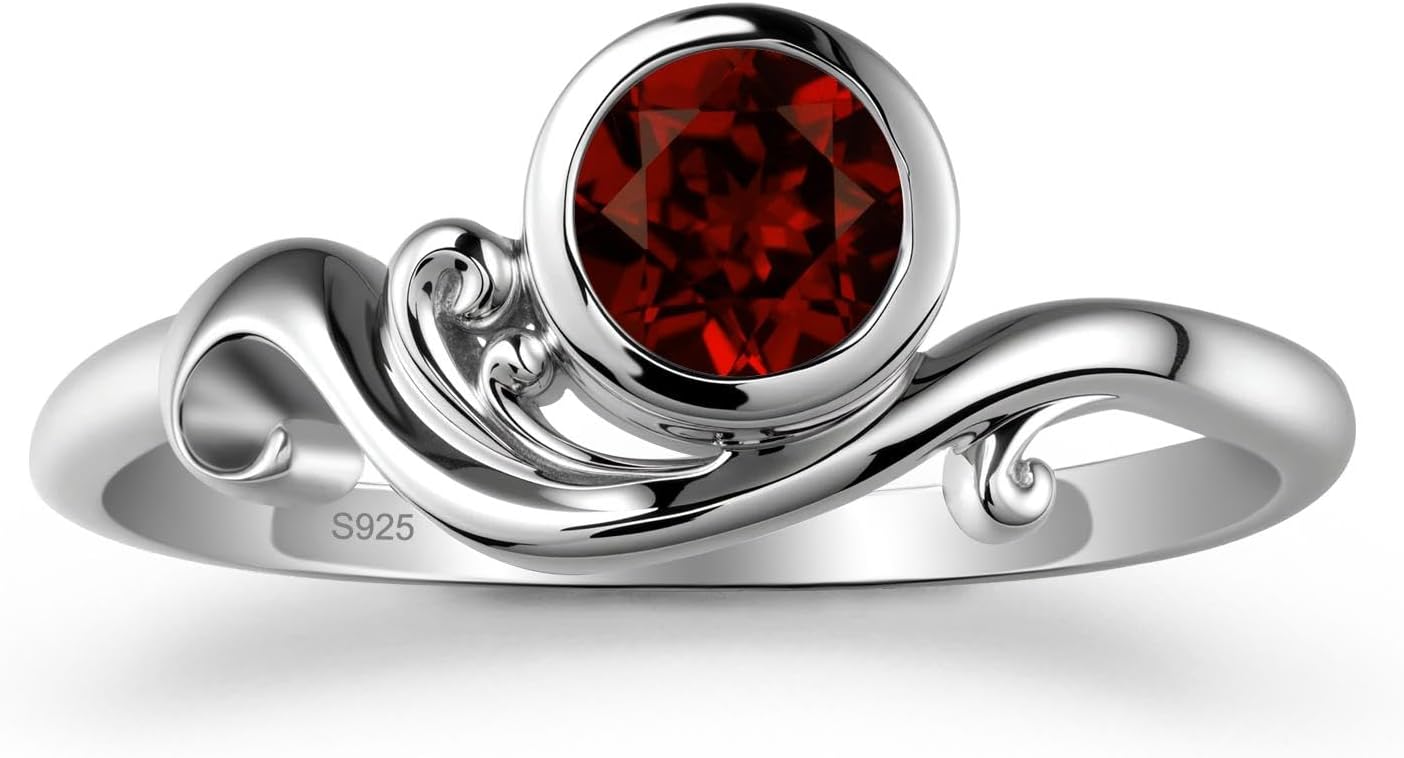 S925 Sterling Silver Round Shaped 5X5 MM Gemstone Bezel Setting Garnet Ring Ocean Wave Design Engagement Ring, Anniversary Wedding Promise Ring for Women Size 3-13