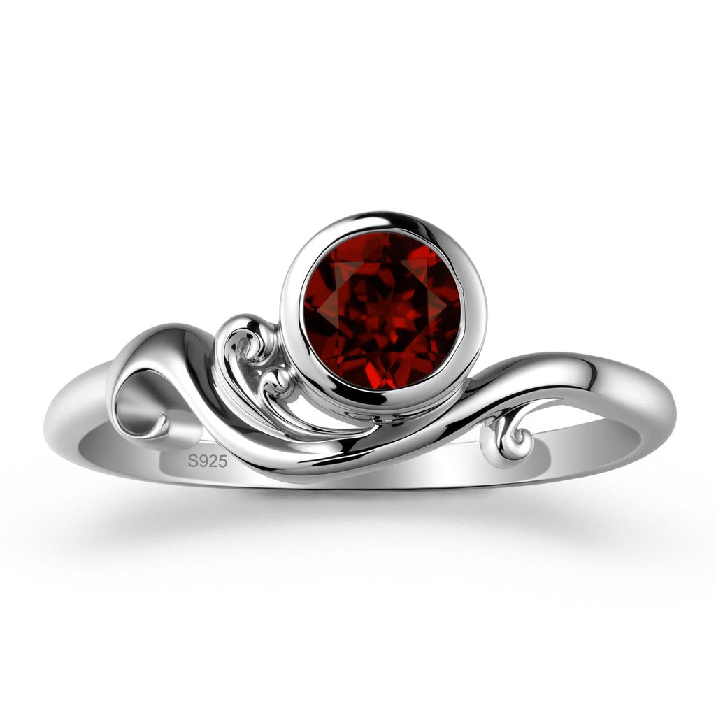 S925 Sterling Silver Round Shaped 5X5 MM Gemstone Bezel Setting Garnet Ring Ocean Wave Design Engagement Ring, Anniversary Wedding Promise Ring for Women Size 3-13