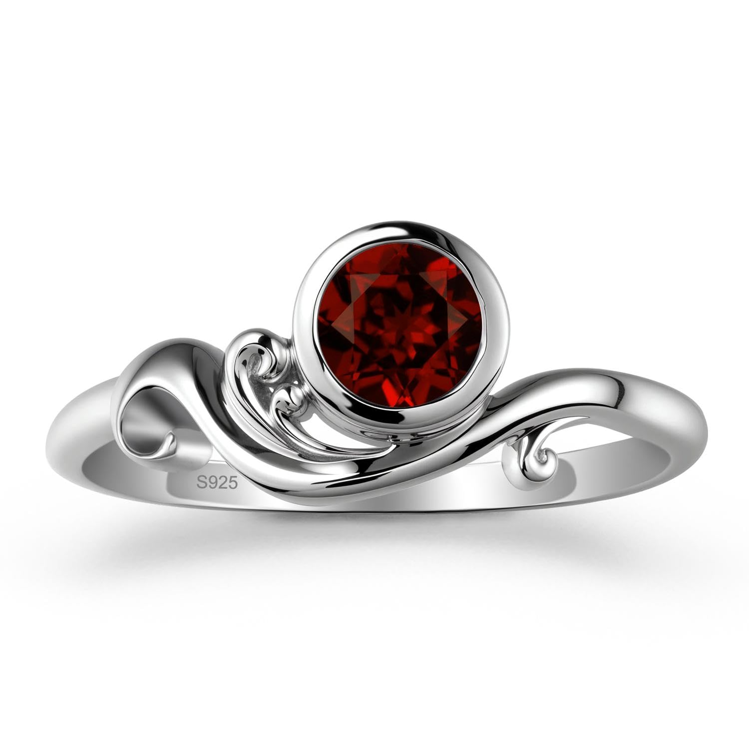 S925 Sterling Silver Round Shaped 5X5 MM Gemstone Bezel Setting Garnet Ring Ocean Wave Design Engagement Ring, Anniversary Wedding Promise Ring for Women Size 3-13