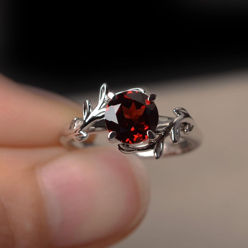 S925 Sterling Silver Garnet Rings 7MM Round Shaped Gemstone Engagement Rings with Leaf Design Promise Rings for Her Birthday Christmas Valentine's Day Jewelry Size 3-13