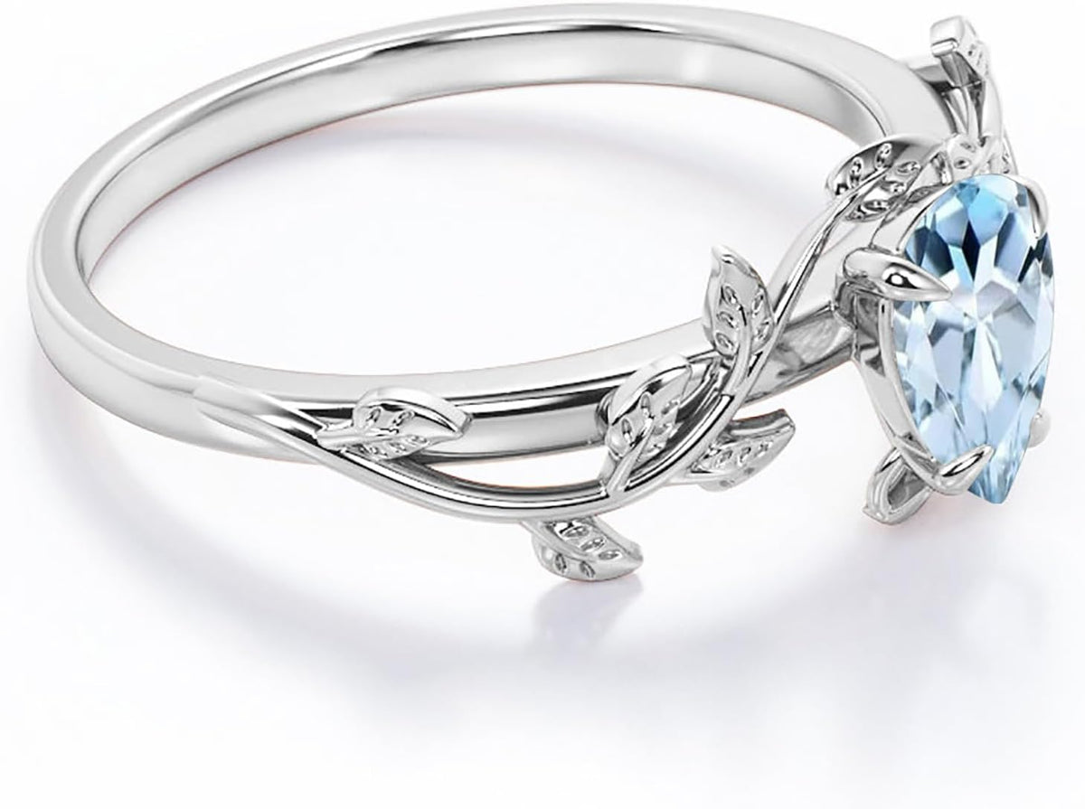 Aquamarine 2CT Pear Cut Leaf Vine Engagement Ring 925 Sterling Silver Vintage Art Deco Wedding Promise Anniversary Ring for Women Size 4-15