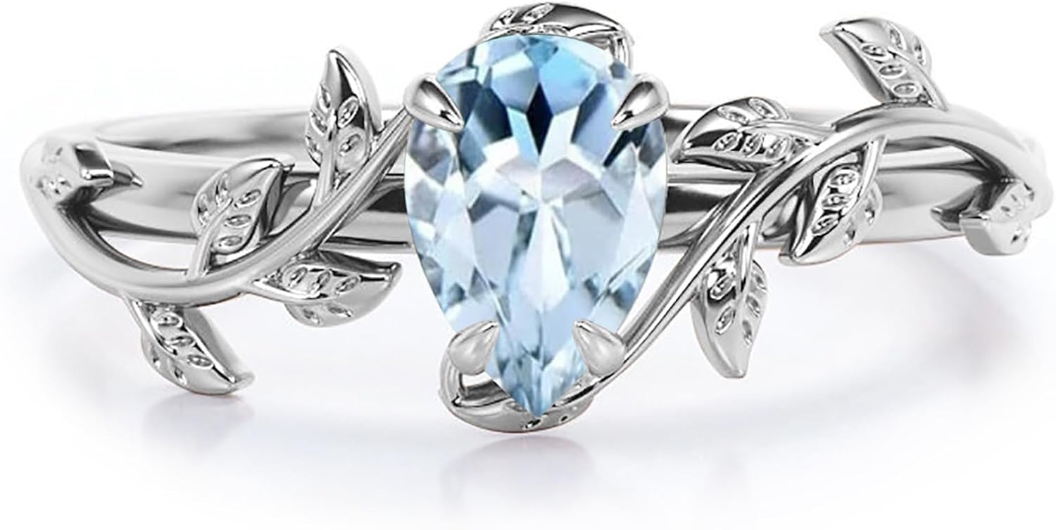 Aquamarine 2CT Pear Cut Leaf Vine Engagement Ring 925 Sterling Silver Vintage Art Deco Wedding Promise Anniversary Ring for Women Size 4-15