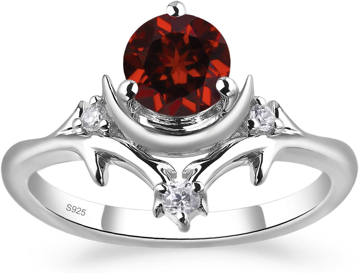 925 Sterling Silver Garnet Ring – Sun and Moon Celestial Design, 6x6mm Round Cut Vintage Crescent Promise Ring for Women, Size 3-13