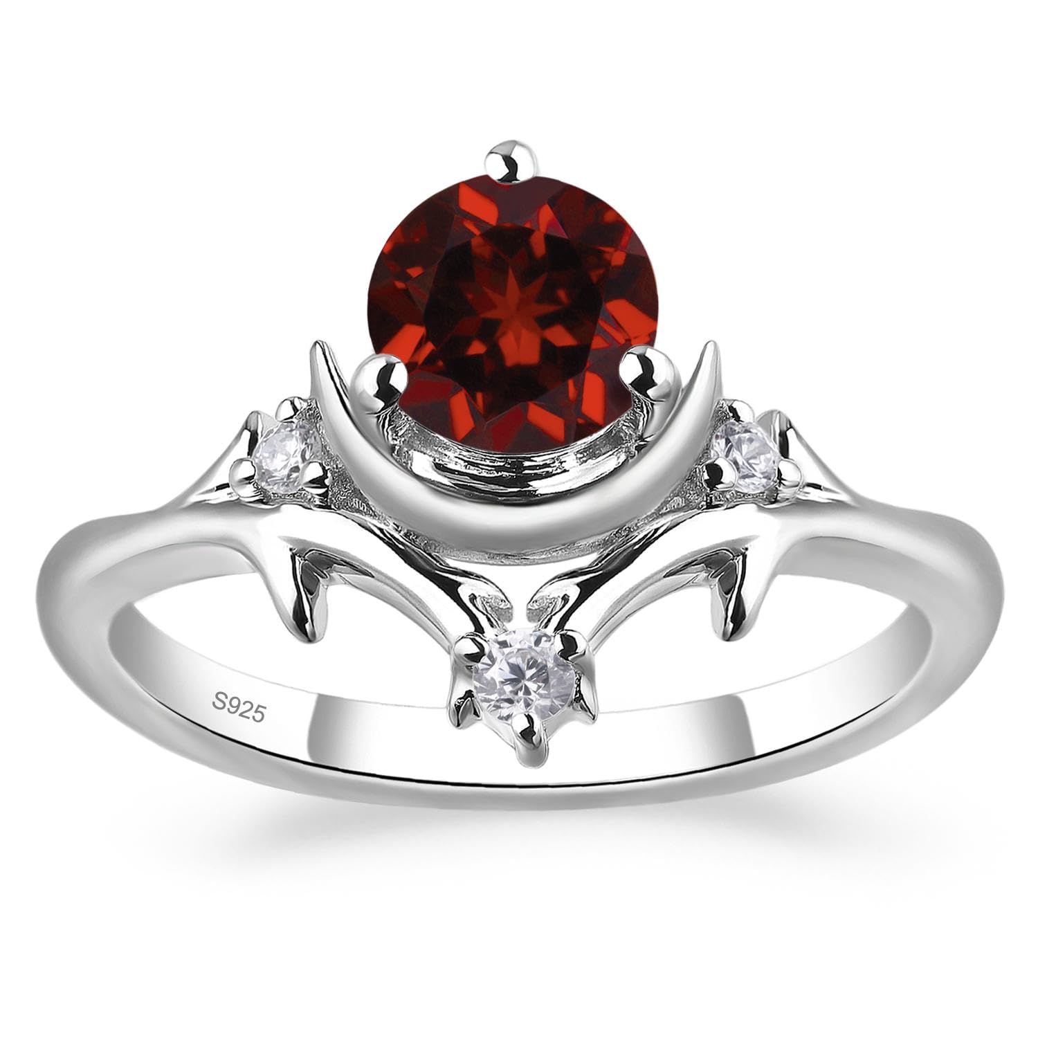 925 Sterling Silver Garnet Ring – Sun and Moon Celestial Design, 6x6mm Round Cut Vintage Crescent Promise Ring for Women, Size 3-13
