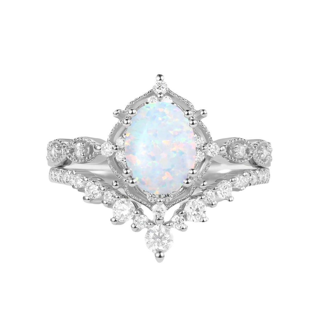 1.5ct Oval Opal Engagement Ring Set 925 Sterling Silver Vintage Band