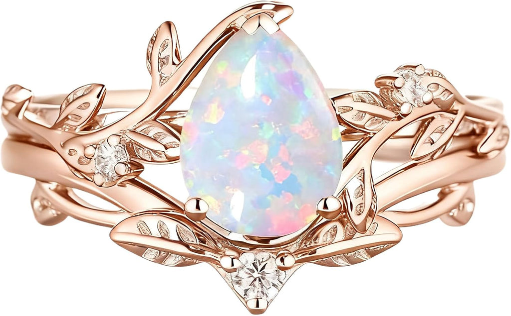 925 Sterling Silver Opal and Moissanite Pear Halo Bridal Ring Set