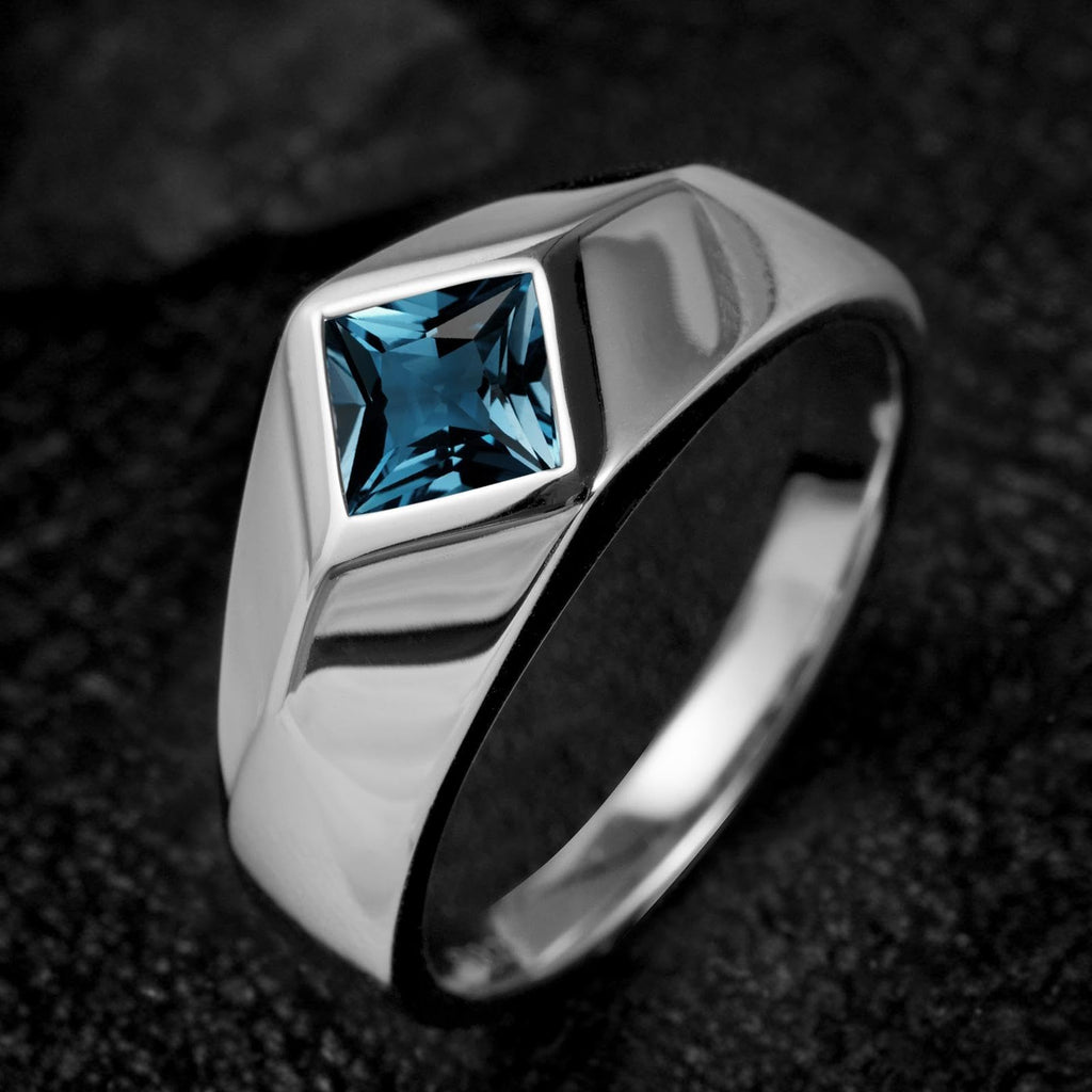 Topgemco Men's London Blue Topaz Statement Ring – Princess Cut Slanted Band, Sterling Silver or Gold, Custom Engraving