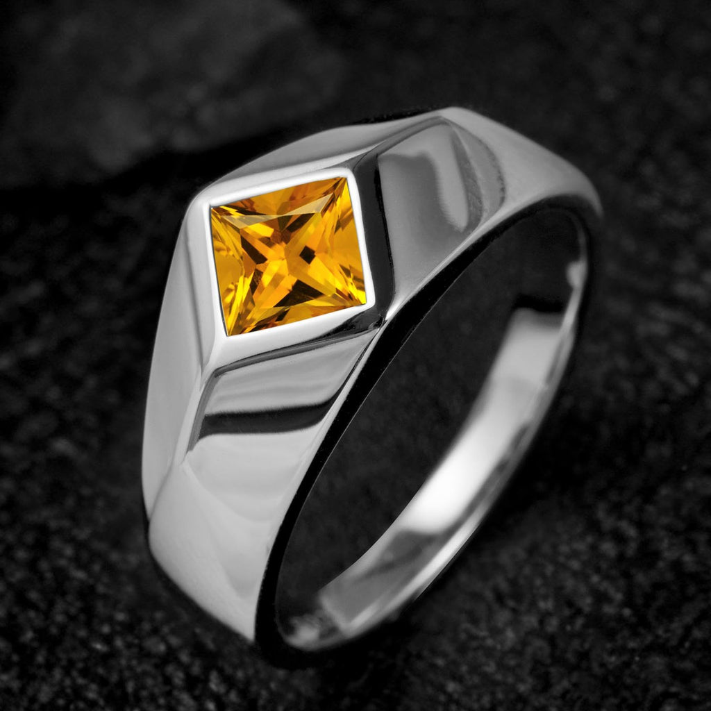 Topgemco Men's Citrine Statement Ring – Princess Cut Slanted Band, Sterling Silver or Gold, Custom Engraving