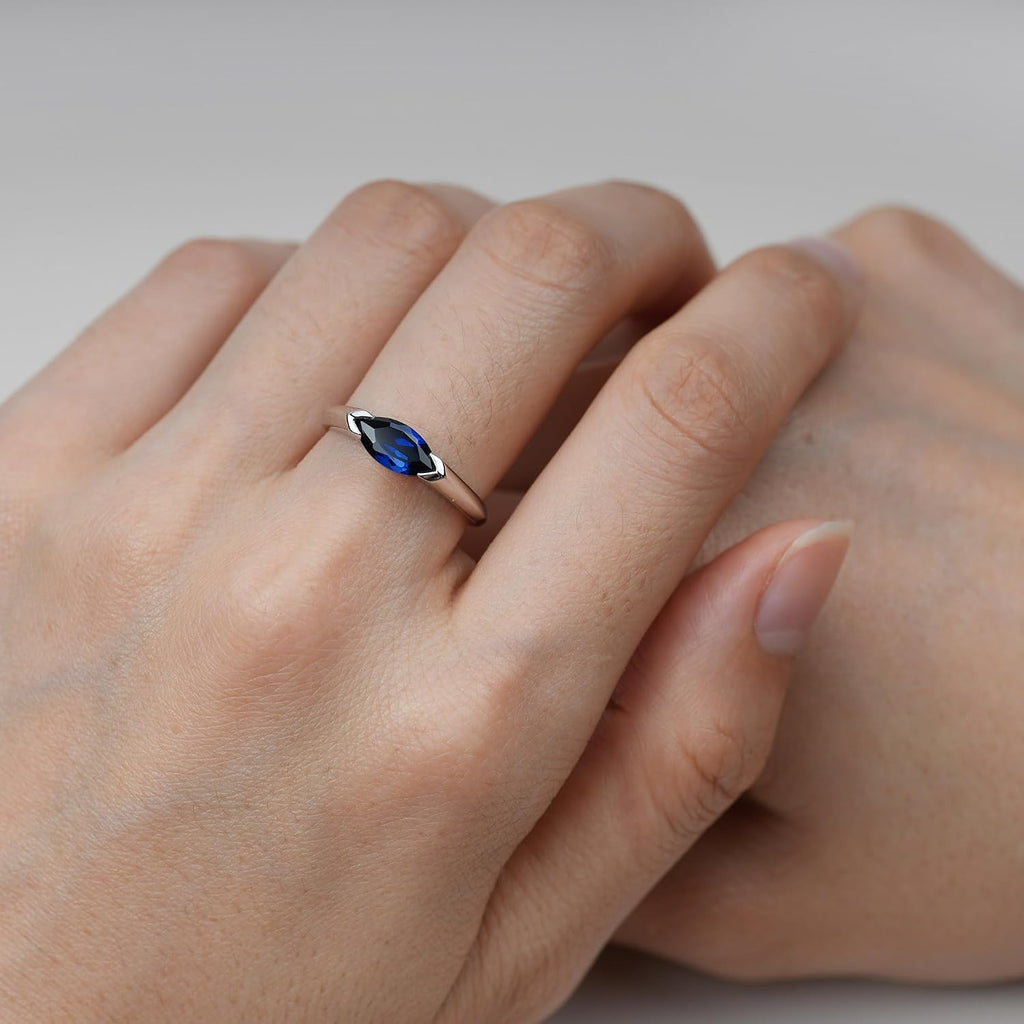 East-West Marquise Lab Sapphire Engagement Ring – 925 Sterling Silver