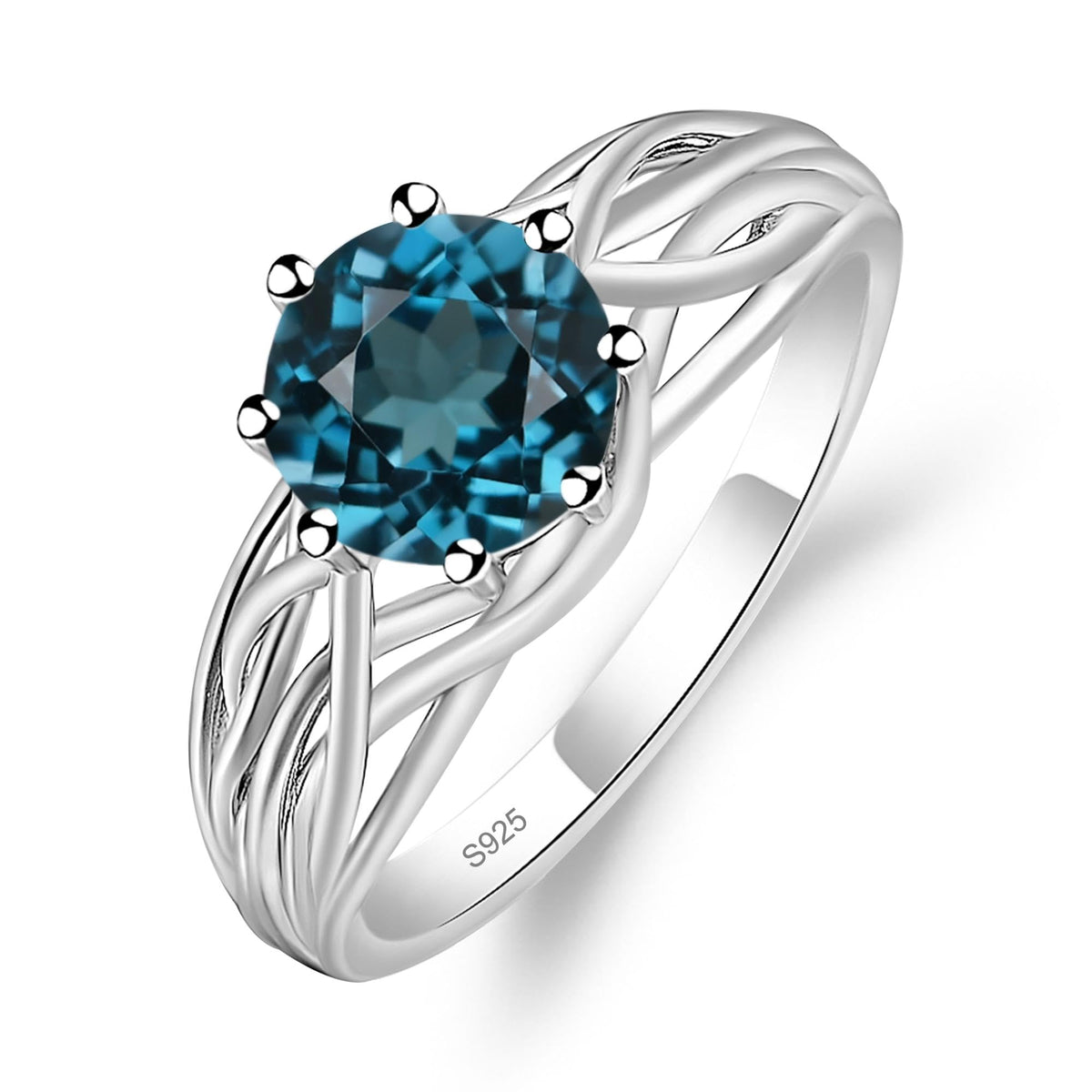 Topgemco Crossover London Blue Topaz Ring – Round Cut Abstract Sterling Silver December Birthstone Ring