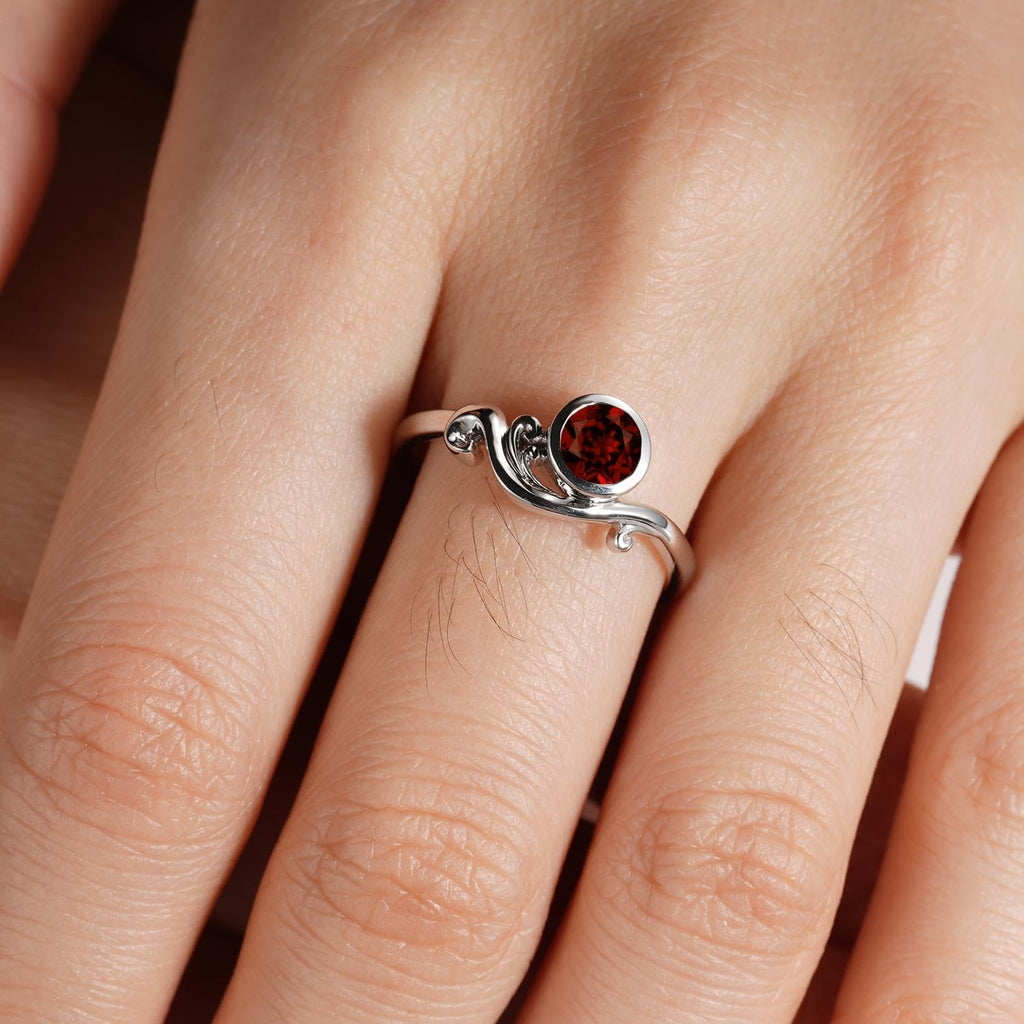 S925 Sterling Silver Round Shaped 5X5 MM Gemstone Bezel Setting Garnet Ring Ocean Wave Design Engagement Ring, Anniversary Wedding Promise Ring for Women Size 3-13