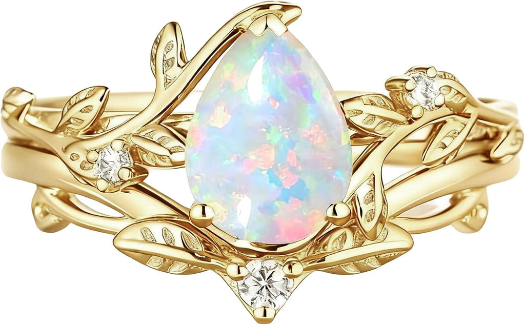 925 Sterling Silver Opal and Moissanite Pear Halo Bridal Ring Set