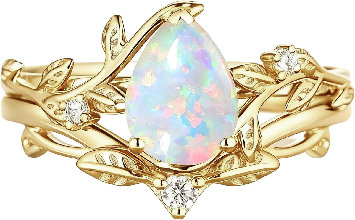 925 Sterling Silver Opal and Moissanite Pear Halo Bridal Ring Set