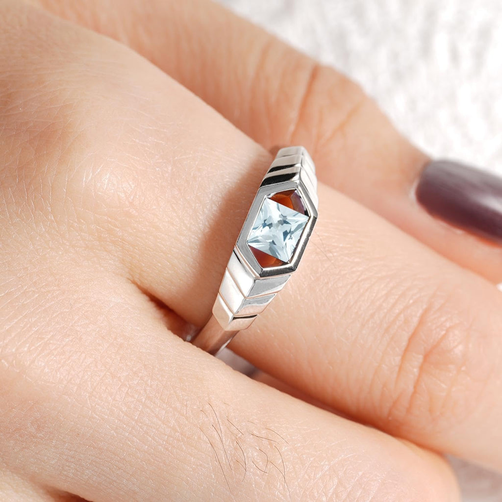 Aquamarine Princess Cut Solitaire Engagement Ring 5x5mm 925 Sterling Silver Unisex Half Bezel Setting Minimalist Geometric Design Anniversary Wedding Promise Ring Size 3-13