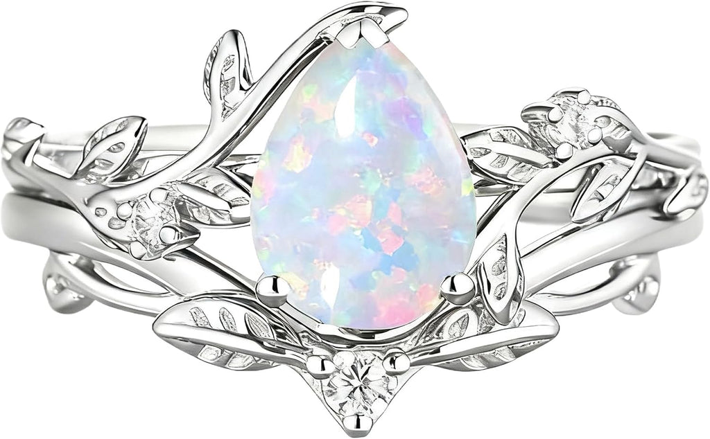 925 Sterling Silver Opal and Moissanite Pear Halo Bridal Ring Set