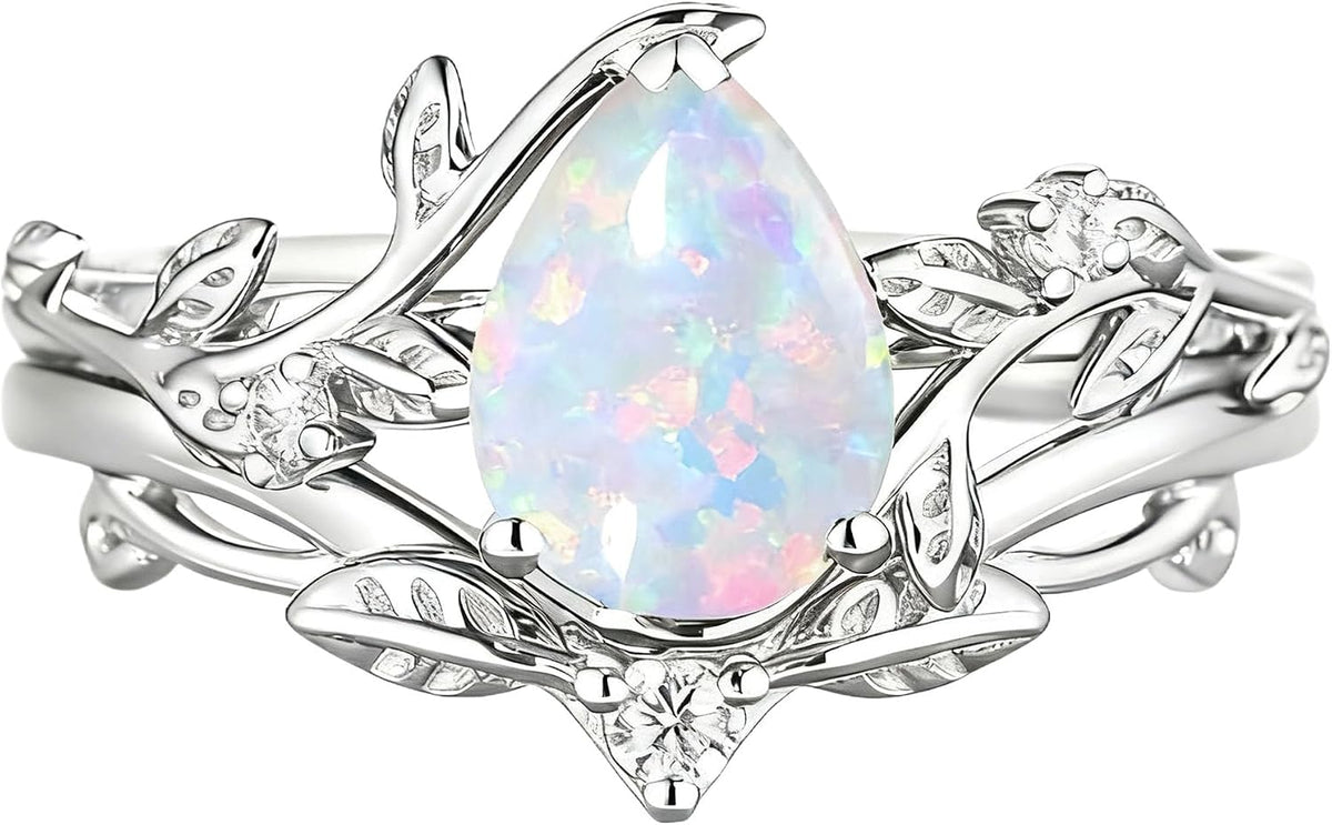 925 Sterling Silver Opal and Moissanite Pear Halo Bridal Ring Set