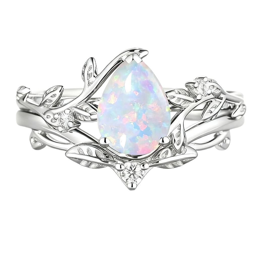 925 Sterling Silver Opal and Moissanite Pear Halo Bridal Ring Set