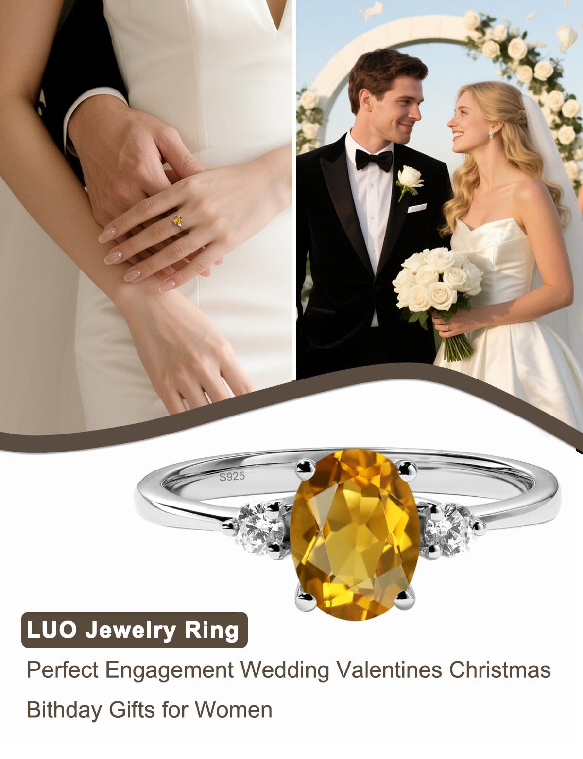 Topgemco Three-Stone Citrine Ring – Oval Cut Sterling Silver November Birthstone Engagement Ring
