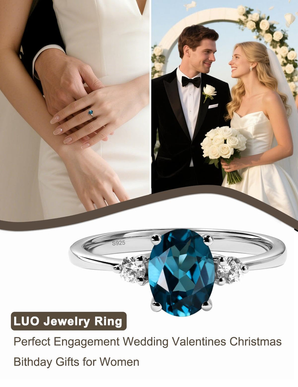 Topgemco Three-Stone London Blue Topaz Ring – Oval Cut Sterling Silver December Birthstone Engagement Ring