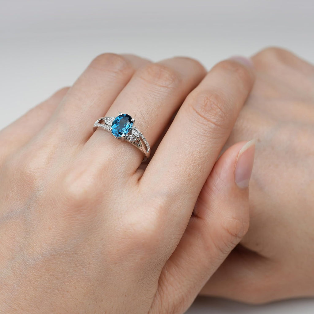 Topgemco Vintage Leaf London Blue Topaz Ring – Oval Cut Sterling Silver December Birthstone Engagement Ring