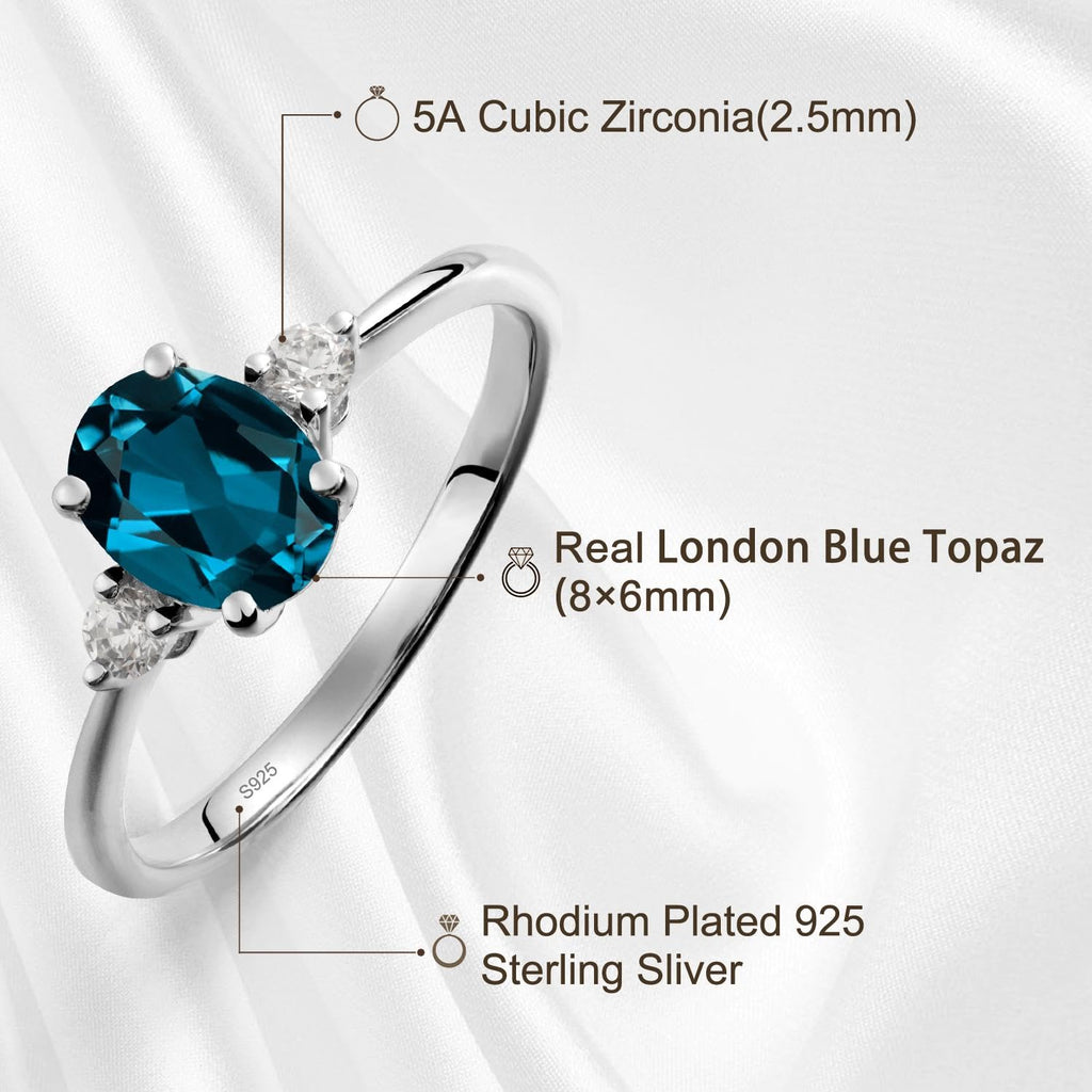 Topgemco Three-Stone London Blue Topaz Ring – Oval Cut Sterling Silver December Birthstone Engagement Ring