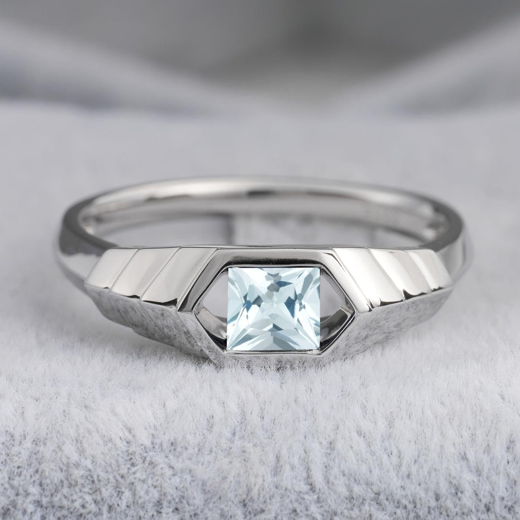 Aquamarine Princess Cut Solitaire Engagement Ring 5x5mm 925 Sterling Silver Unisex Half Bezel Setting Minimalist Geometric Design Anniversary Wedding Promise Ring Size 3-13