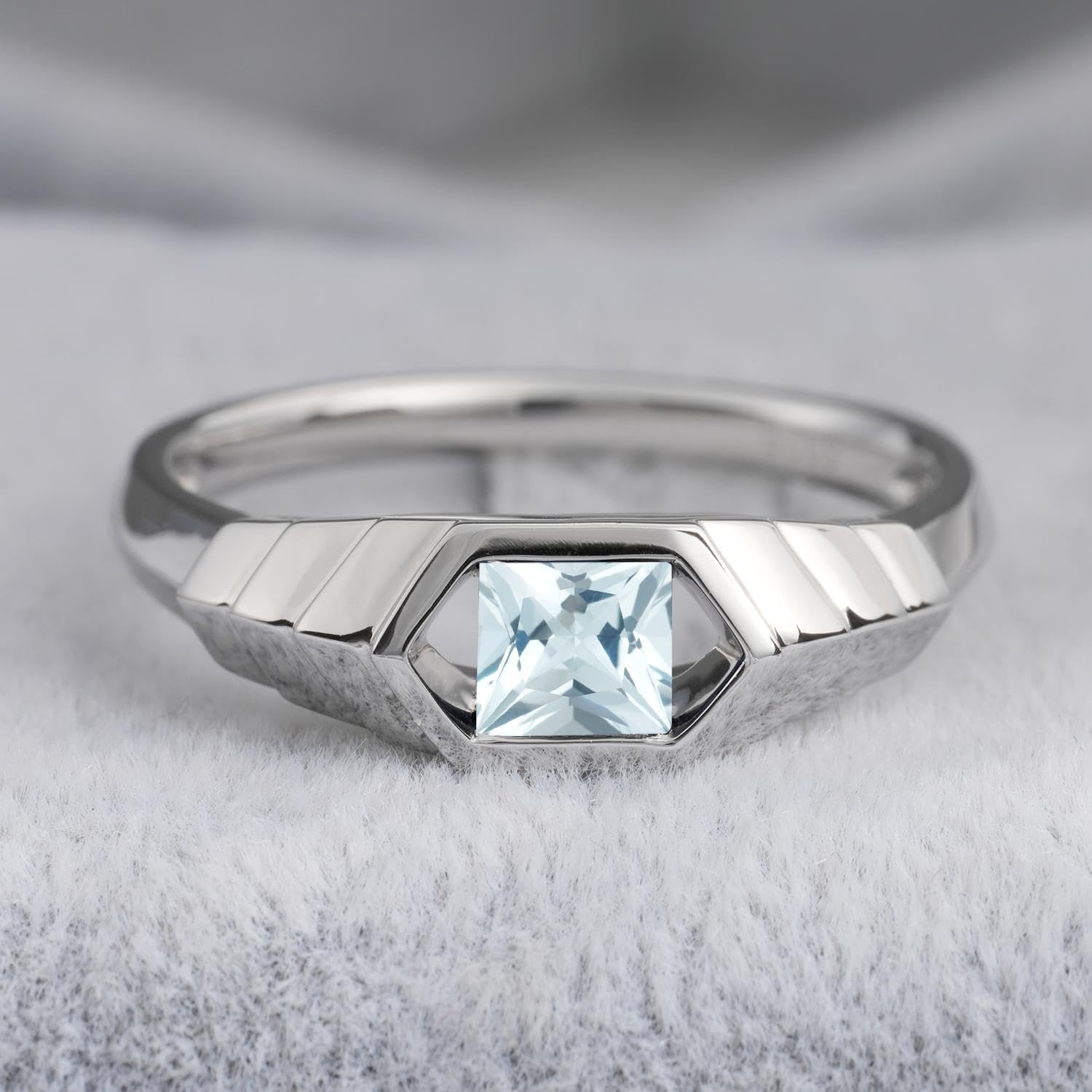 Aquamarine Princess Cut Solitaire Engagement Ring 5x5mm 925 Sterling Silver Unisex Half Bezel Setting Minimalist Geometric Design Anniversary Wedding Promise Ring Size 3-13