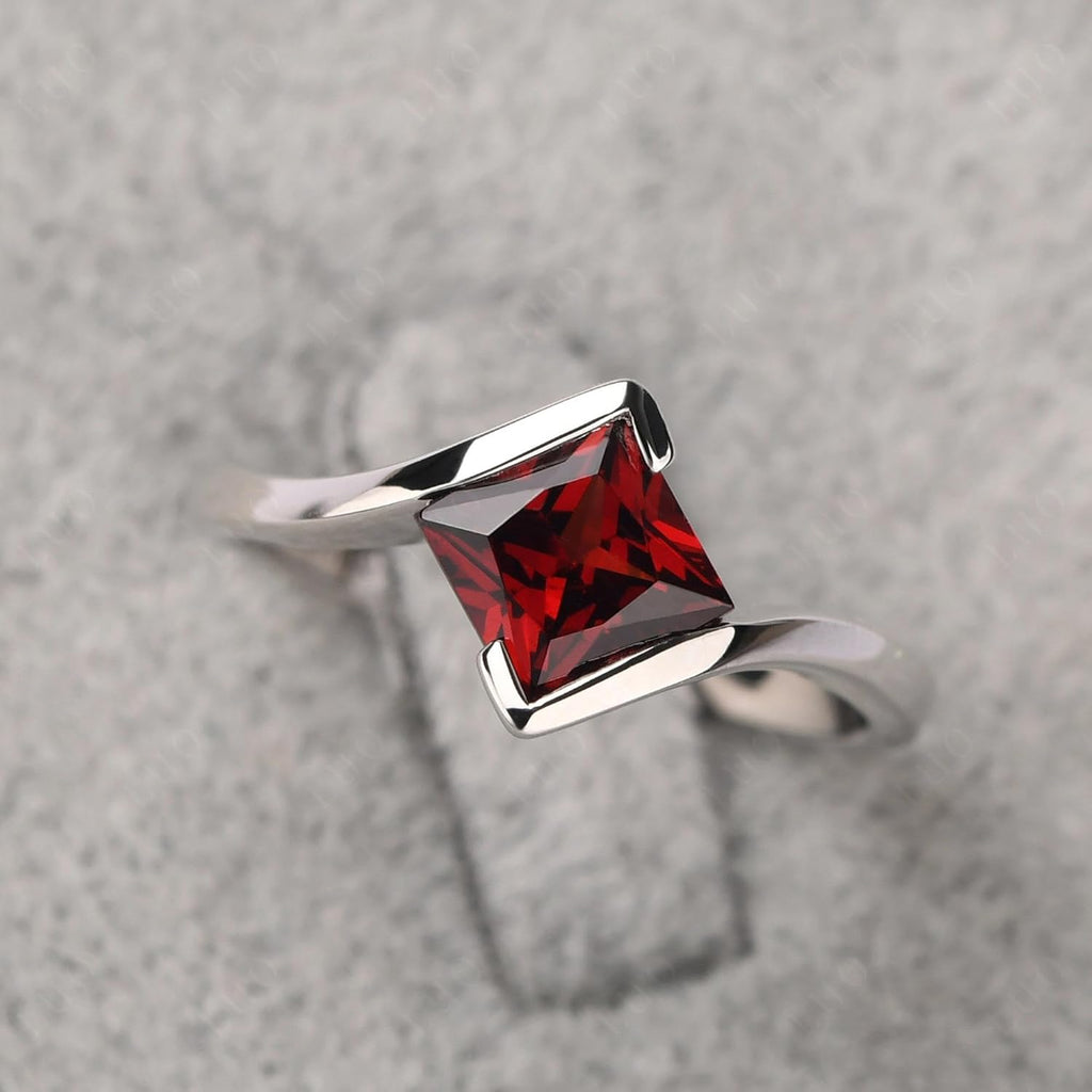 Sterling Silver Princess Cut Gemstone Bypass Promise Garnet Ring for Women | Solitaire, Square Shape 6X6 MM, Bezel Set, Tension Rings for Wedding Engagement Anniversary, Size 3-13