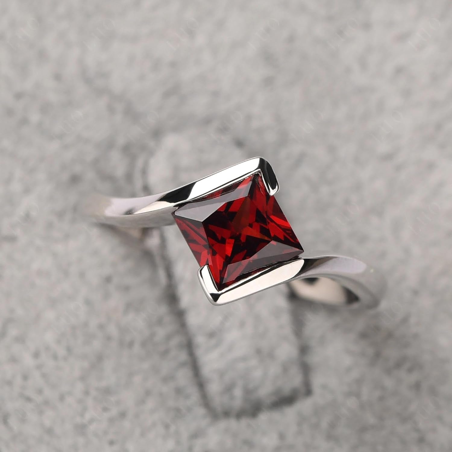 Sterling Silver Princess Cut Gemstone Bypass Promise Garnet Ring for Women | Solitaire, Square Shape 6X6 MM, Bezel Set, Tension Rings for Wedding Engagement Anniversary, Size 3-13