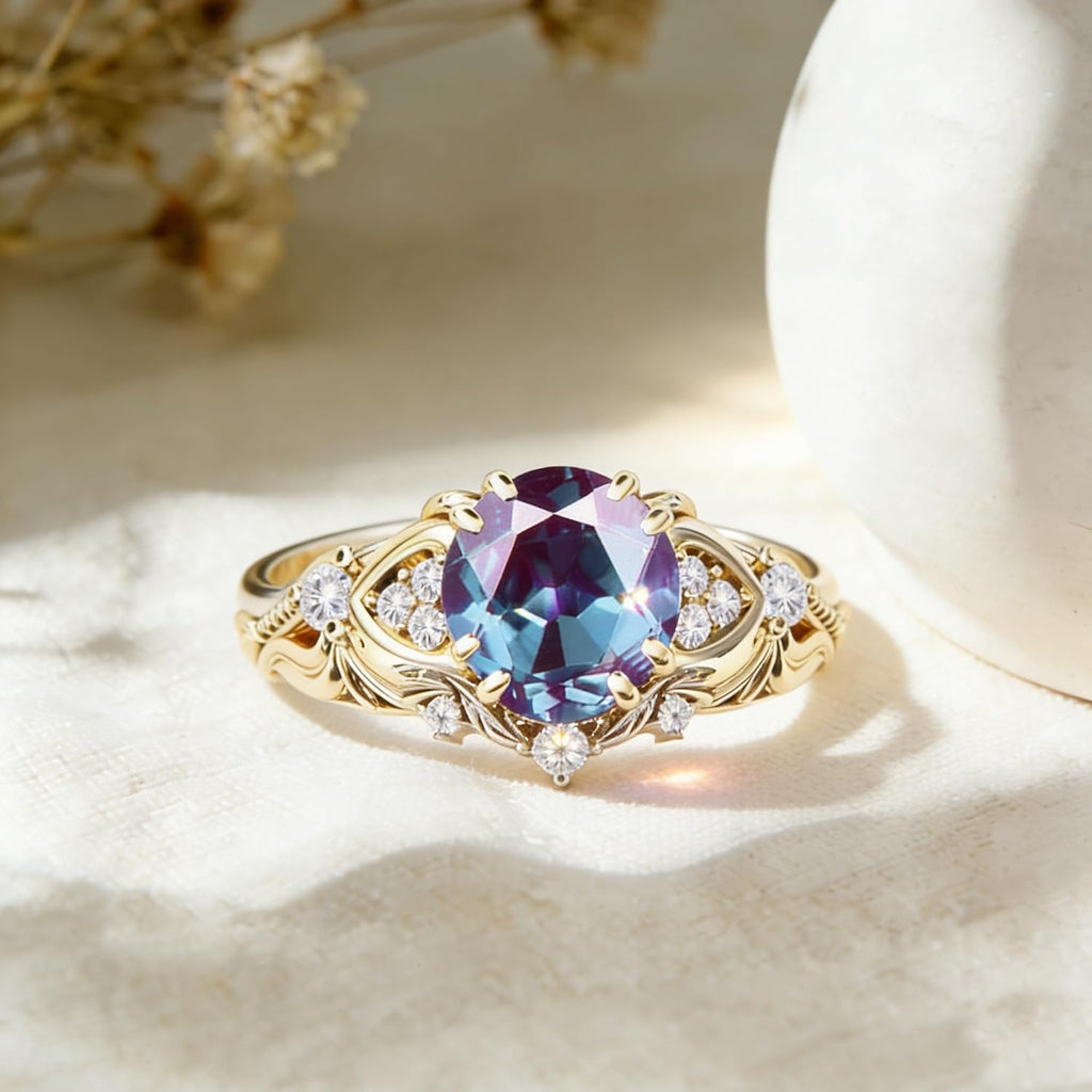 Topgemco Vintage Gemstone Ring – Round-Cut Center Stone with Moissanite Accents, 925 Silver