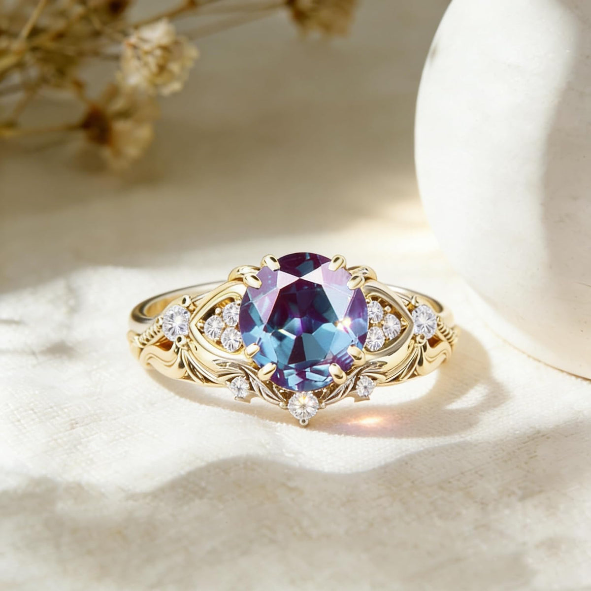 Topgemco Vintage Gemstone Ring – Round-Cut Center Stone with Moissanite Accents, 925 Silver
