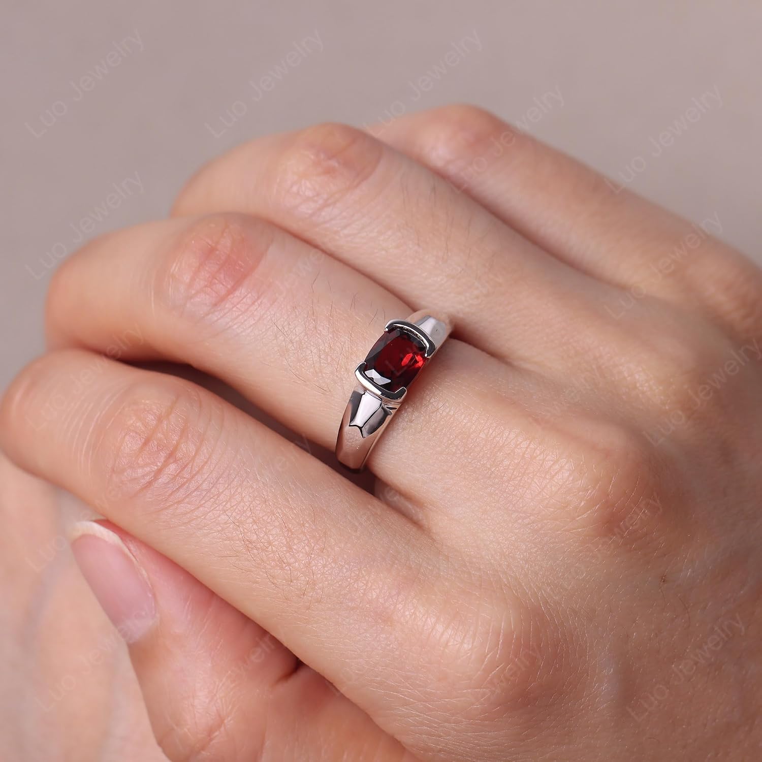 S925 Sterling Silver 8x6mm Cushion Shaped Gemstone Garnet Rings for Women, Engagement Ring Birthstone Jewelry Anniversary Promise for Lady Size 3-13