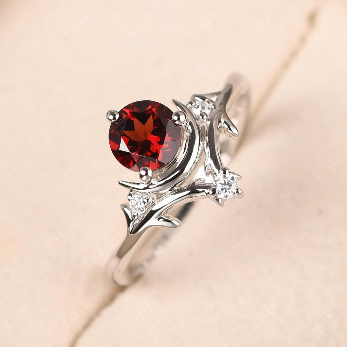 925 Sterling Silver Garnet Ring – Sun and Moon Celestial Design, 6x6mm Round Cut Vintage Crescent Promise Ring for Women, Size 3-13