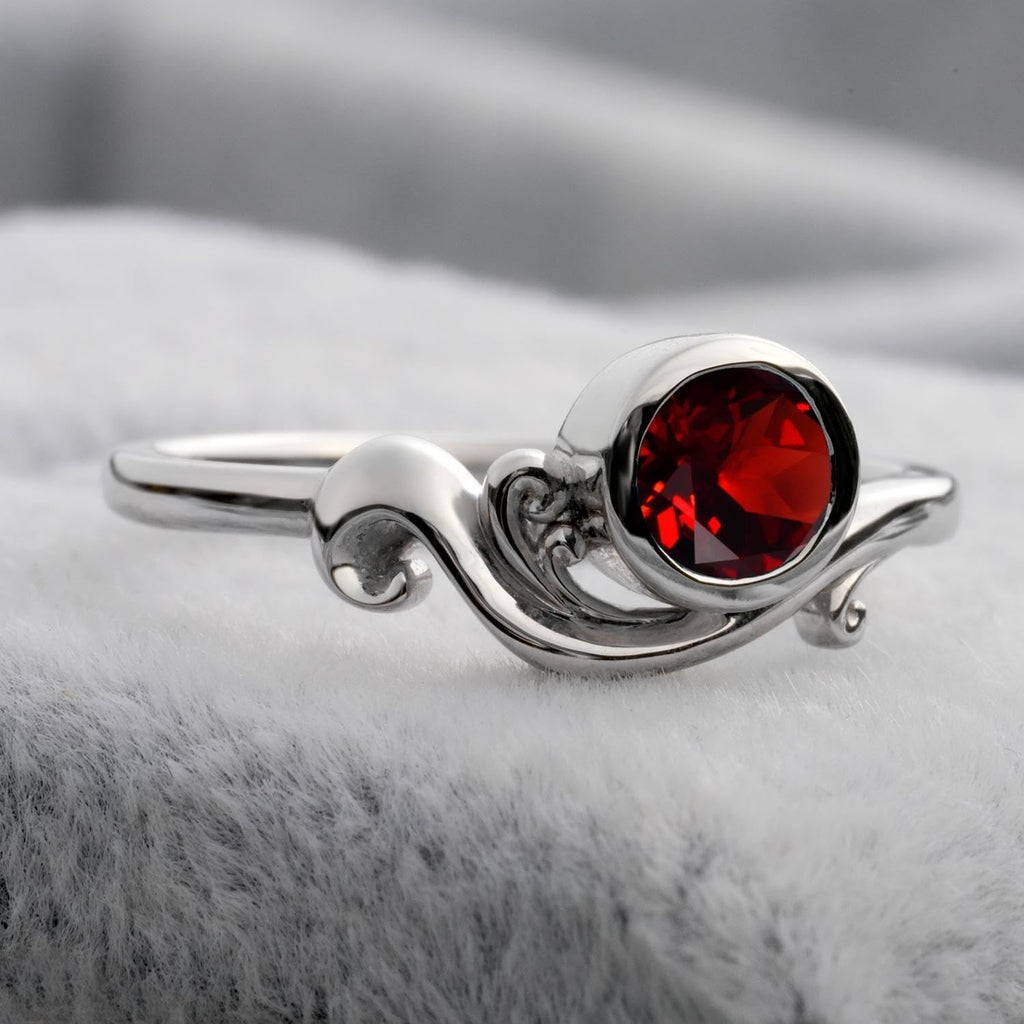 S925 Sterling Silver Round Shaped 5X5 MM Gemstone Bezel Setting Garnet Ring Ocean Wave Design Engagement Ring, Anniversary Wedding Promise Ring for Women Size 3-13