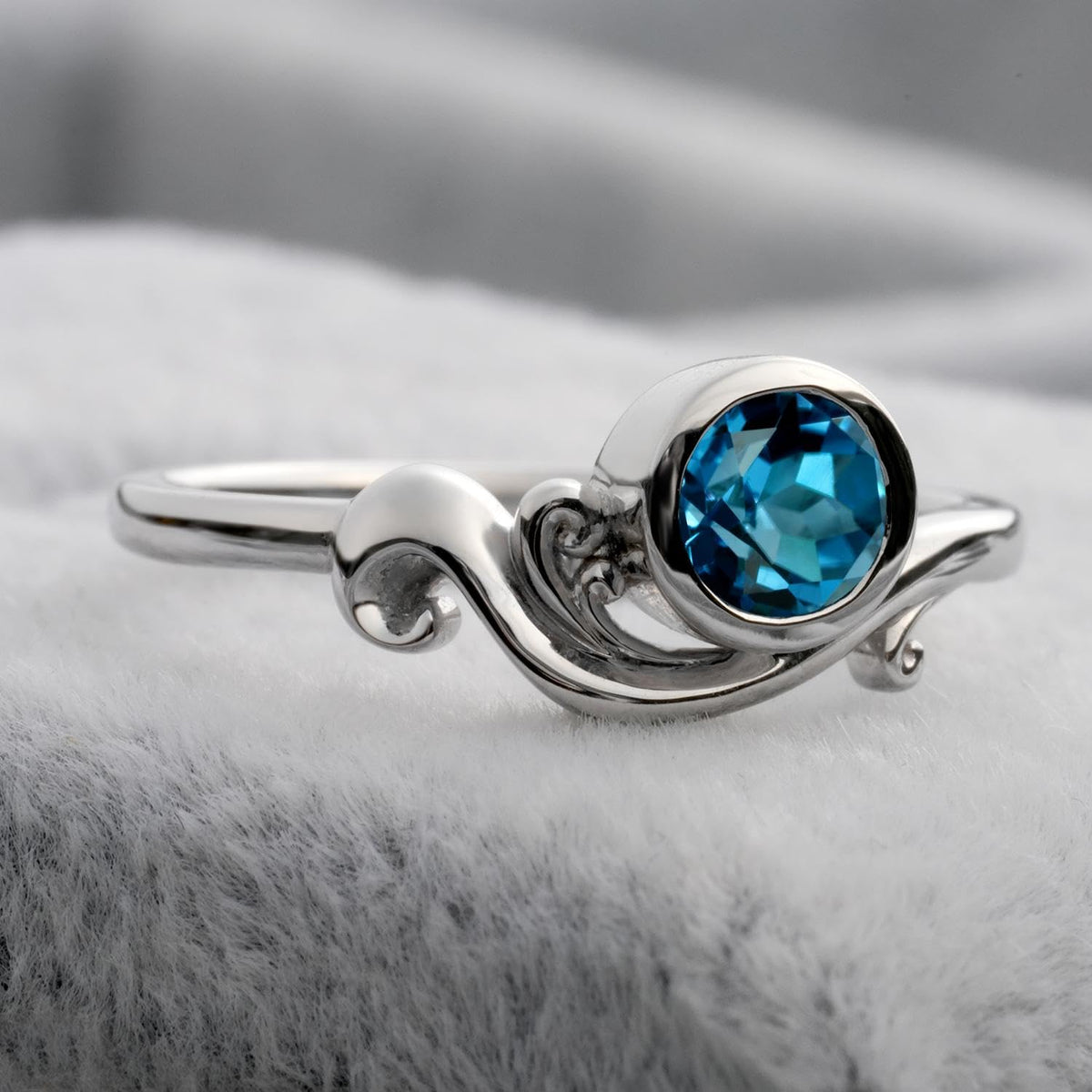 Topgemco Ocean Wave London Blue Topaz Ring – Bezel Set Round Sterling Silver December Birthstone Ring