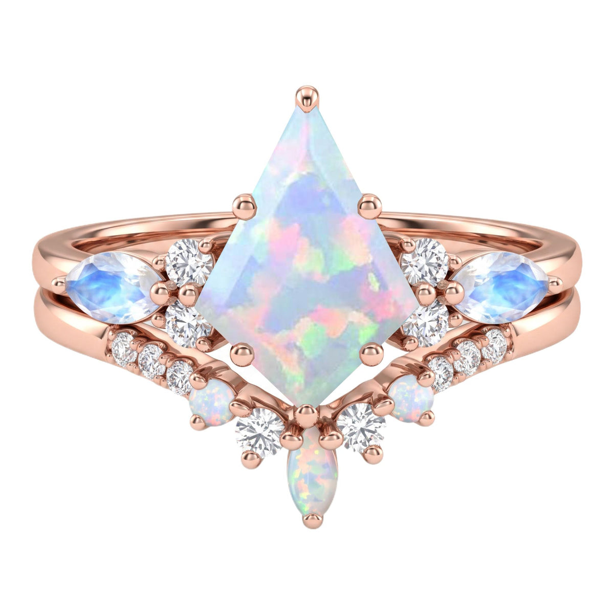 925 Sterling Silver Opal and Moissanite Pear Halo Bridal Ring Set