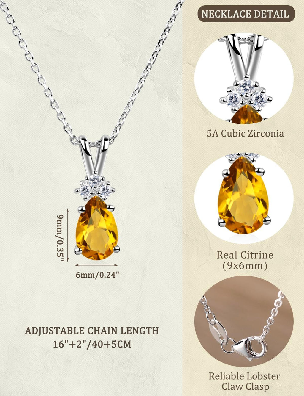 Topgemco Pear-Shaped Citrine Pendant Necklace – Sterling Silver November Birthstone Necklace for Women
