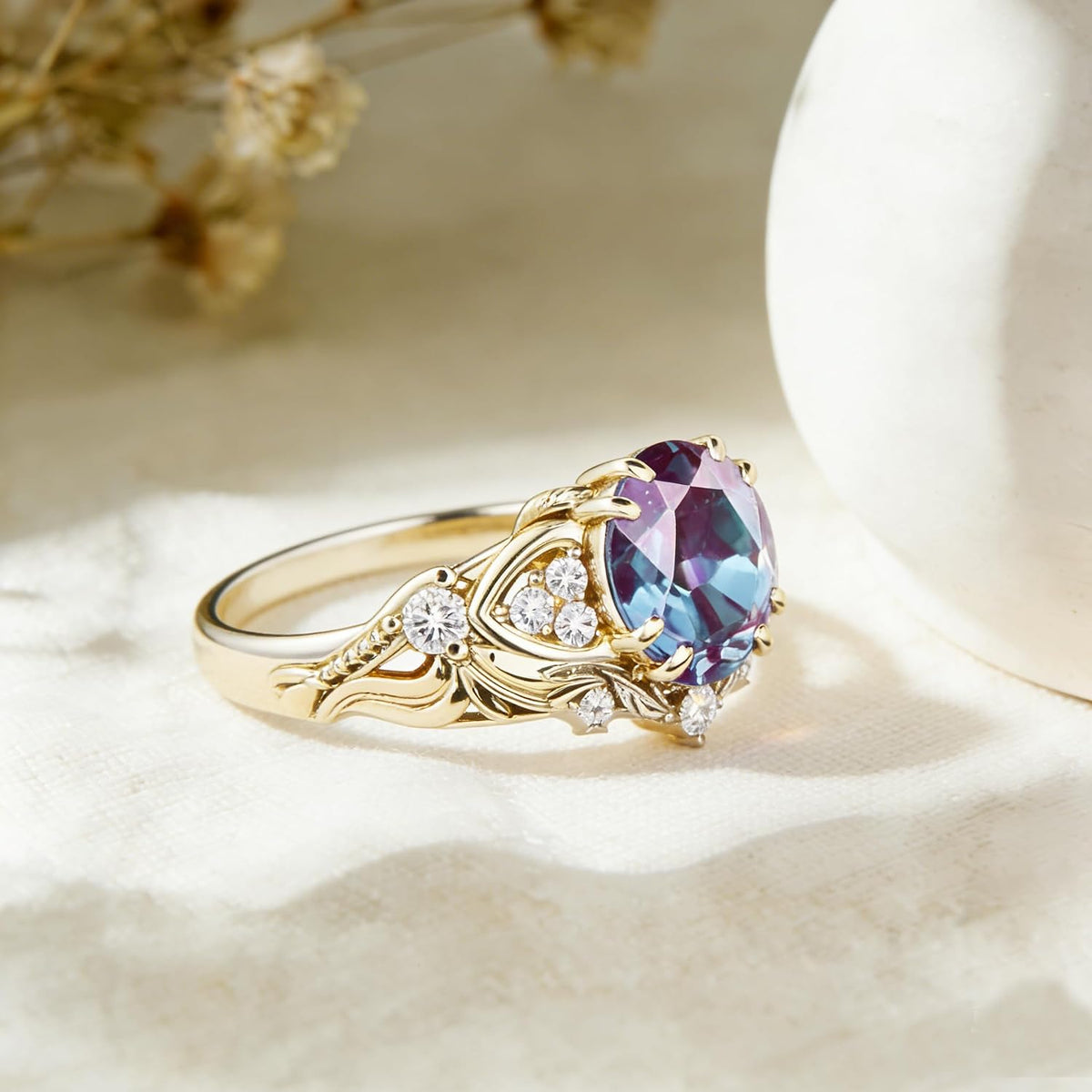 Topgemco Vintage Gemstone Ring – Round-Cut Center Stone with Moissanite Accents, 925 Silver
