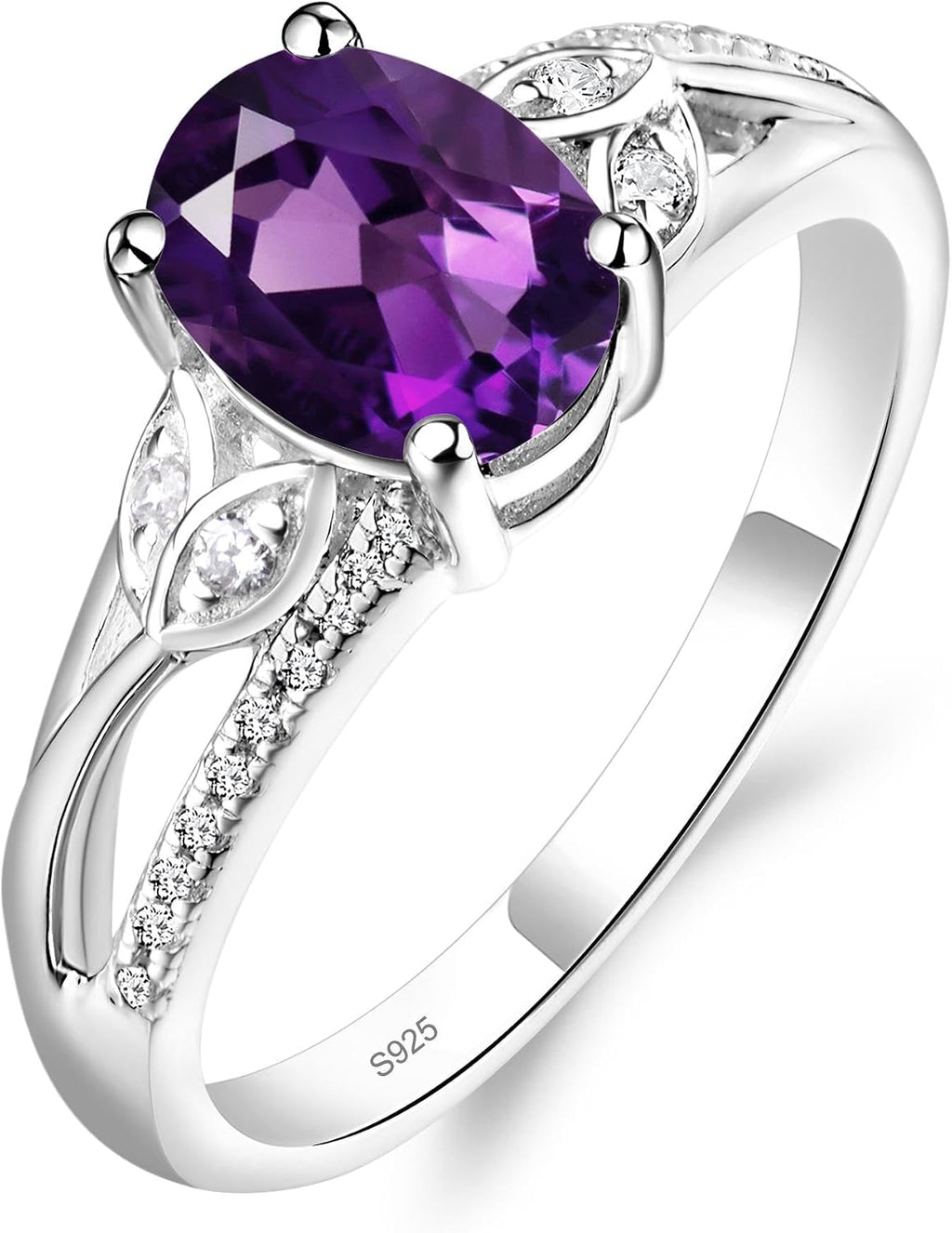 925 Sterling Silver Amethyst Ring – Oval Leaf Design, Sizes 3-13