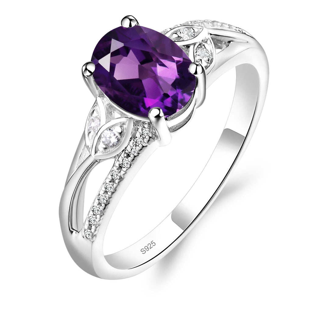 925 Sterling Silver Amethyst Ring – Oval Leaf Design, Sizes 3-13