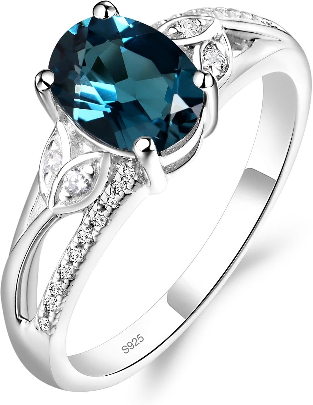 Topgemco Vintage Leaf London Blue Topaz Ring – Oval Cut Sterling Silver December Birthstone Engagement Ring