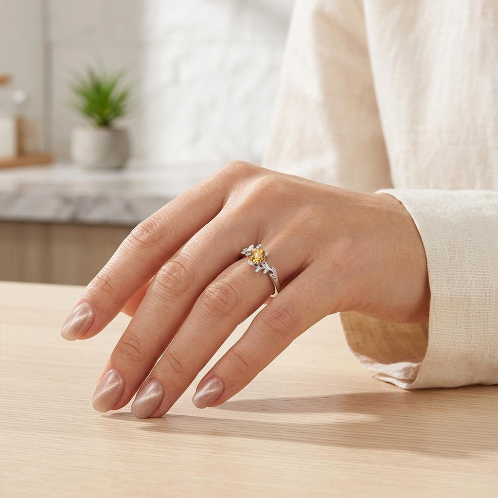 Topgemco Citrine Leaf Bypass Ring – Round Cut Sterling Silver November Birthstone Ring for Women