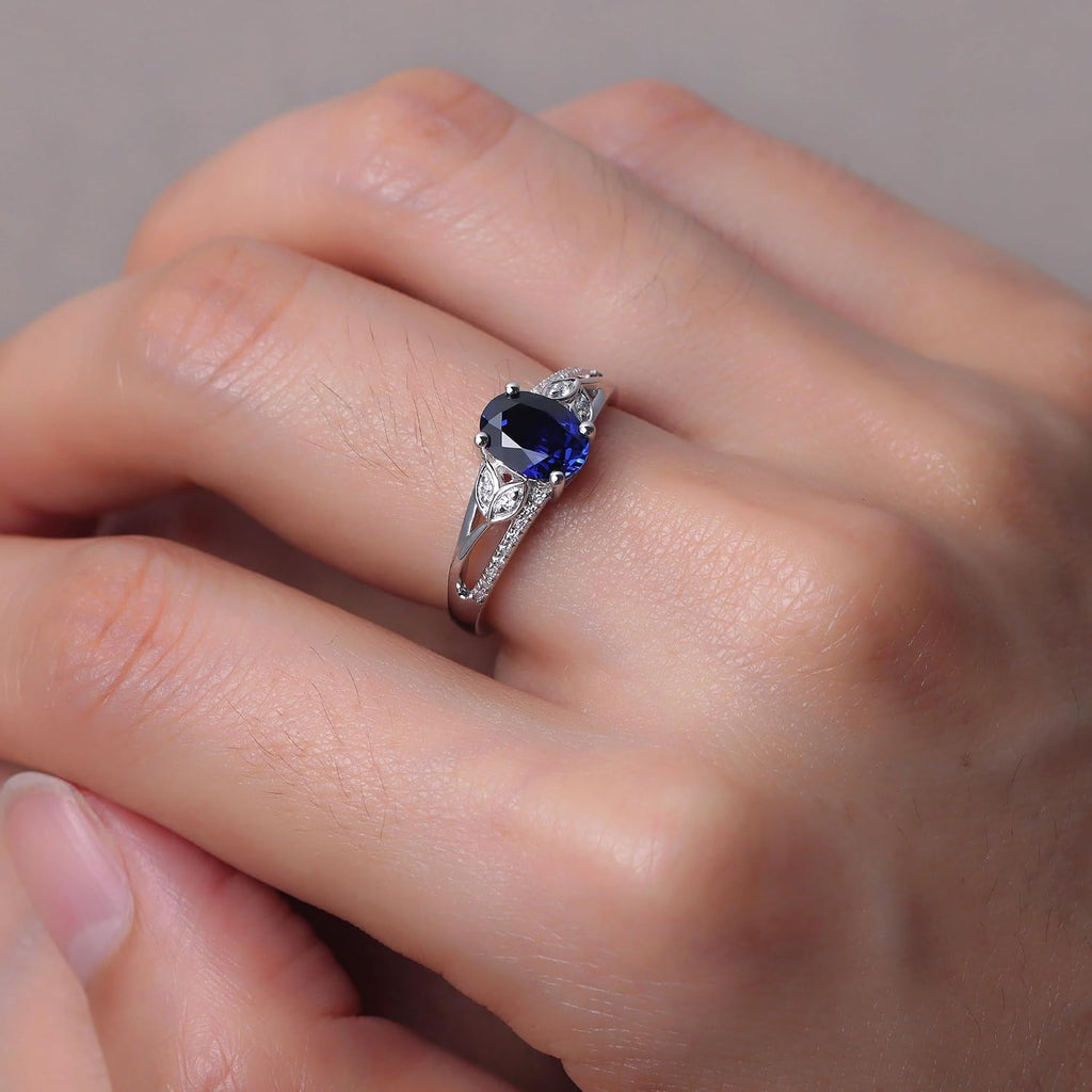 Oval Lab Sapphire Gemstone Ring – 925 Sterling Silver, 4-Prong