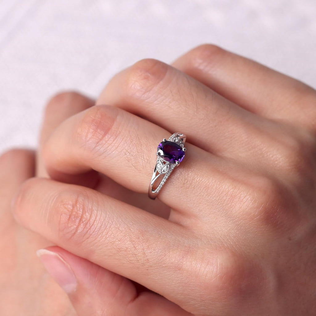 925 Sterling Silver Amethyst Ring – Oval Leaf Design, Sizes 3-13