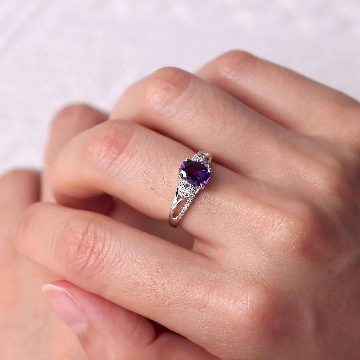 925 Sterling Silver Amethyst Ring – Oval Leaf Design, Sizes 3-13