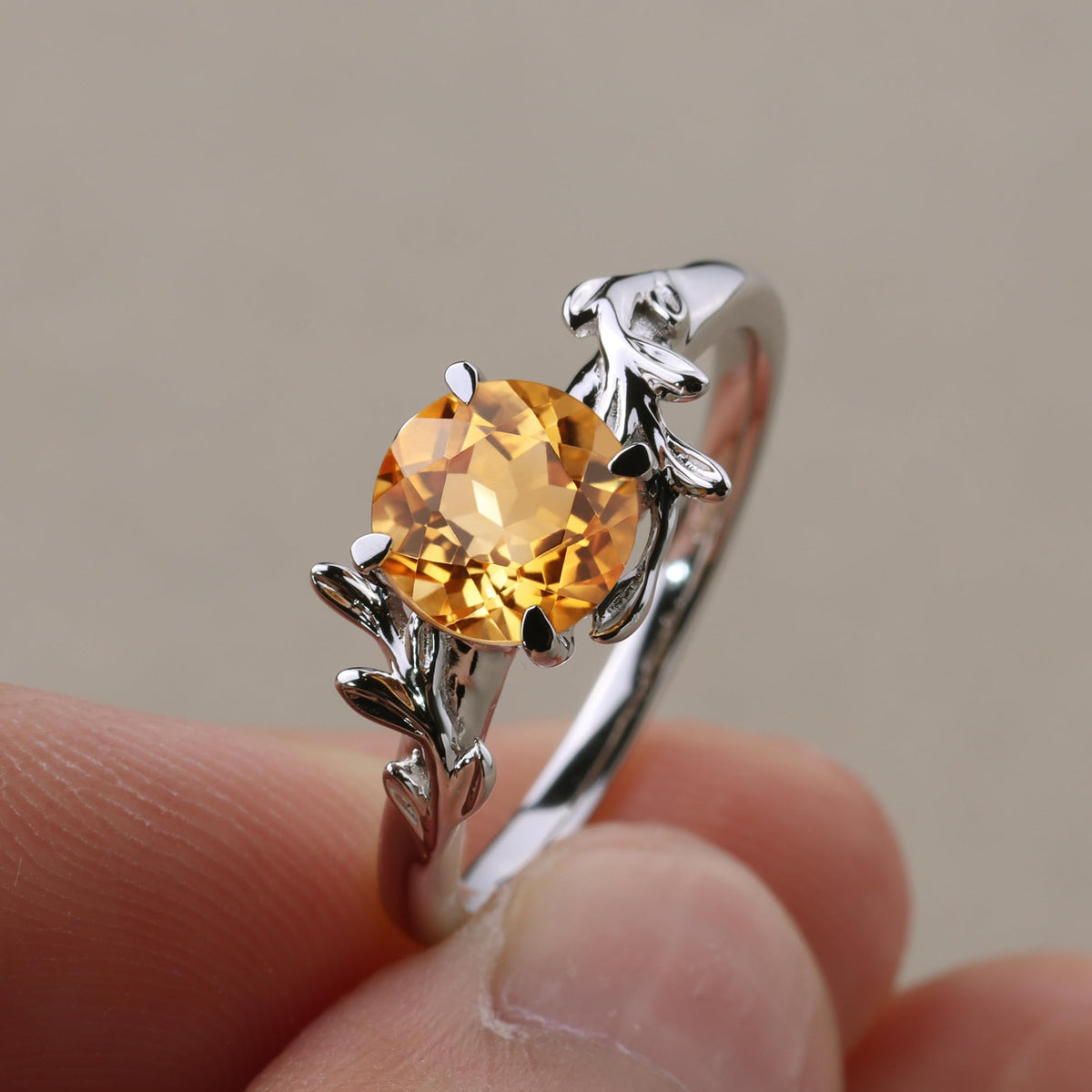 Topgemco Citrine Leaf Bypass Ring – Round Cut Sterling Silver November Birthstone Ring for Women