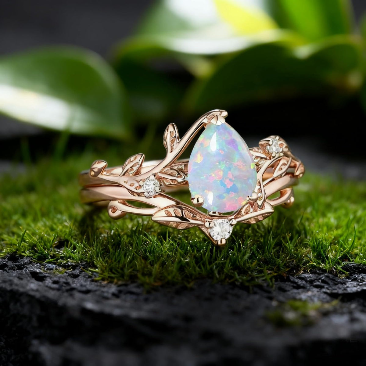 925 Sterling Silver Opal and Moissanite Pear Halo Bridal Ring Set