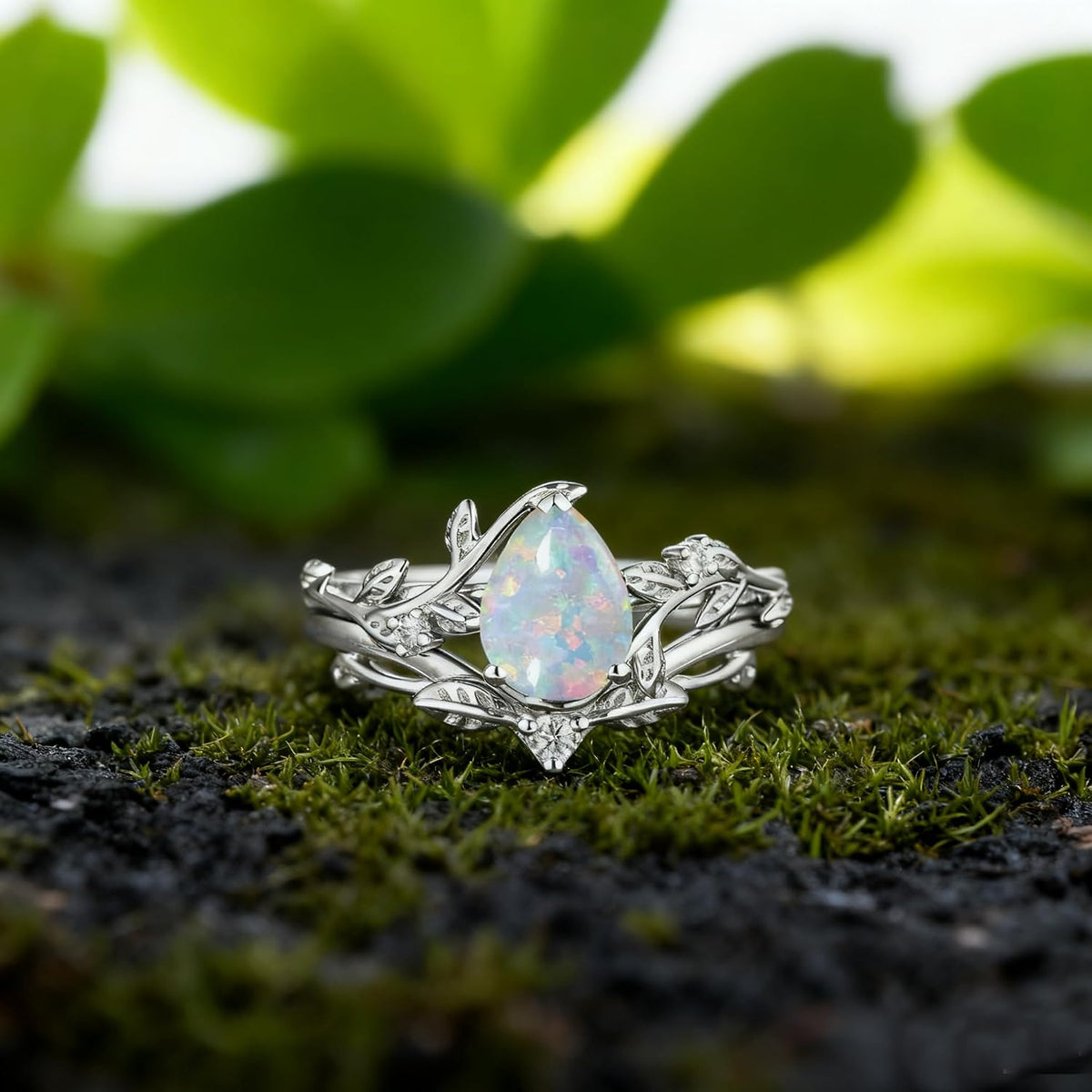 925 Sterling Silver Opal and Moissanite Pear Halo Bridal Ring Set