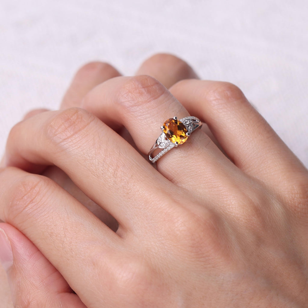 Topgemco Vintage Leaf Citrine Engagement Ring – Oval Cut Sterling Silver November Birthstone Ring